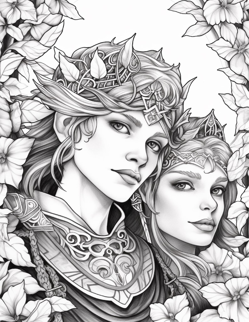 May include: A black and white line art illustration featuring two figures with long hair, wearing ornate headpieces and detailed collars, framed by large flowers and leaves. The figures have defined facial features and are positioned close together.