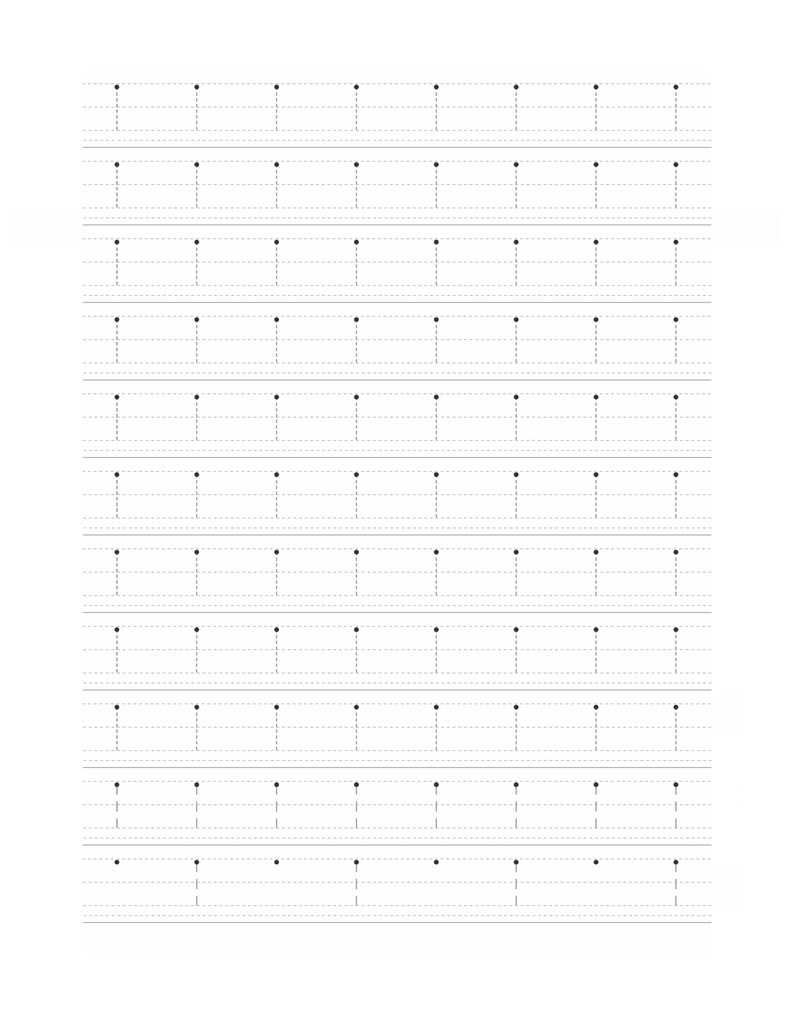 Peut inclure: Une feuille d'exercice d'&eacute;criture manuscrite blanche comportant plusieurs rang&eacute;es de lignes verticales en pointill&eacute;s noirs. Chaque ligne commence par un point noir solide en haut, con&ccedil;u pour des exercices de tra&ccedil;age pour am&eacute;liorer l'&eacute;criture.