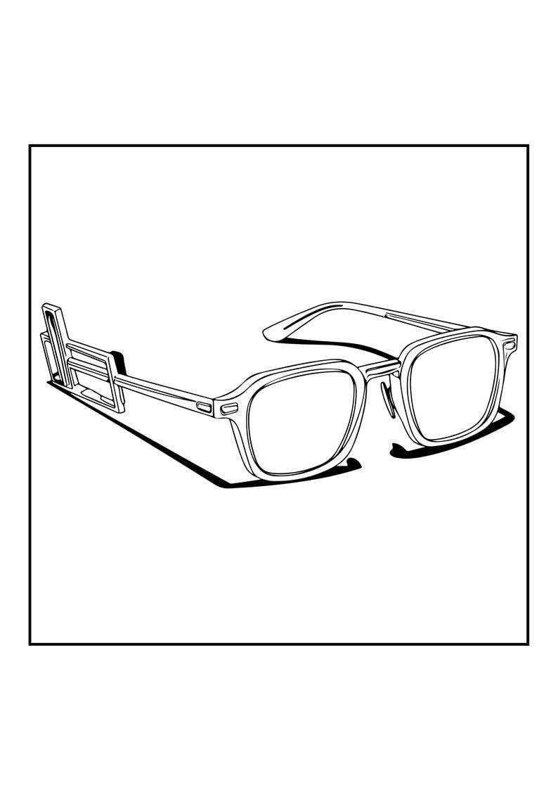 Op de afbeelding: Een zwart-witte lijntekening van een bril met een dik, rechthoekig montuur. Het ontwerp bevat een opvallende, geometrische, blokvormige uitbreiding bevestigd aan de linkerpoot, wat zorgt voor een gedurfde, structurele uitstraling.