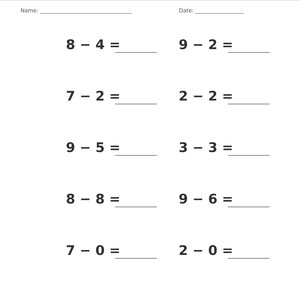 May include: A white educational worksheet titled Subtraction &bull; Single Digit with a gray header. It features ten math problems arranged in two columns, each with a blank line for the answer. The bottom includes the text Subtraction &bull; Single Digit Practice and Page 15 of 100.