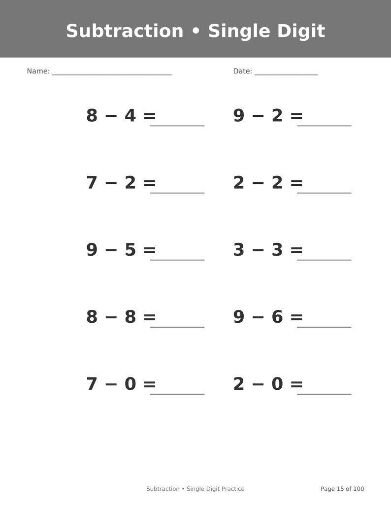 May include: A white educational worksheet titled Subtraction &bull; Single Digit with a gray header. It features ten math problems arranged in two columns, each with a blank line for the answer. The bottom includes the text Subtraction &bull; Single Digit Practice and Page 15 of 100.