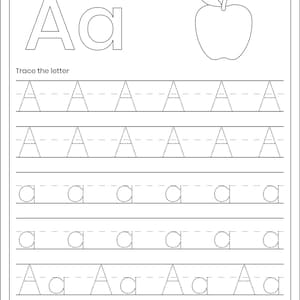 May include: A black and white educational worksheet titled Letter Tracing featuring the letter Aa in uppercase and lowercase, an apple outline to color, and rows of dotted lines for tracing the letters A and a to practice handwriting skills.