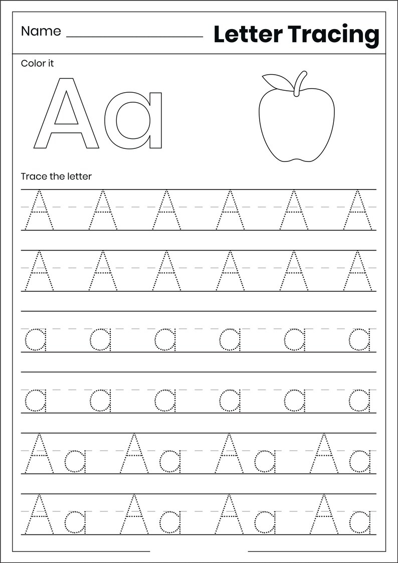 May include: A black and white educational worksheet titled Letter Tracing featuring the letter Aa in uppercase and lowercase, an apple outline to color, and rows of dotted lines for tracing the letters A and a to practice handwriting skills.