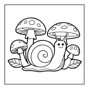 May include: A black and white line art illustration featuring a central snail with a spiral shell positioned among four mushrooms of varying sizes. The mushrooms have spotted caps and visible gills, and two leaves are placed at the base of the scene.