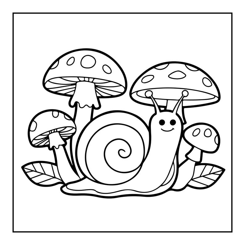 May include: A black and white line art illustration featuring a central snail with a spiral shell positioned among four mushrooms of varying sizes. The mushrooms have spotted caps and visible gills, and two leaves are placed at the base of the scene.