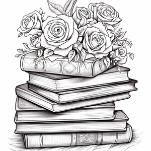A coloring page of a stack of books with roses and leaves on top.