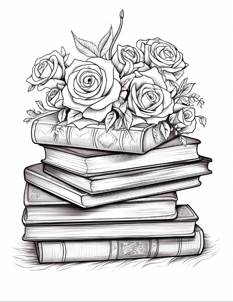 A coloring page of a stack of books with roses and leaves on top.