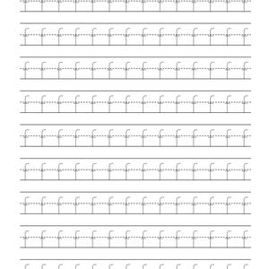 Pode incluir: Uma folha de exerc&iacute;cios educativa branca com oito linhas horizontais de letras f min&uacute;sculas pontilhadas em preto, concebida para a pr&aacute;tica de caligrafia com um formato de linhas padr&atilde;o para orientar a forma&ccedil;&atilde;o da letra.