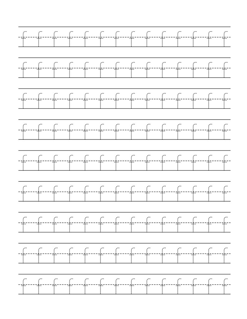 Pode incluir: Uma folha de exerc&iacute;cios educativa branca com oito linhas horizontais de letras f min&uacute;sculas pontilhadas em preto, concebida para a pr&aacute;tica de caligrafia com um formato de linhas padr&atilde;o para orientar a forma&ccedil;&atilde;o da letra.