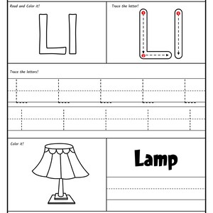 A black-and-white alphabet worksheet for the letter L featuring stroke order guides, uppercase and lowercase tracing lines, a coloring picture of a lamp, and a letter recognition activity at the bottom.