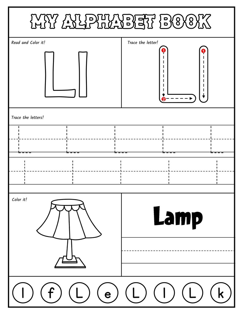 A black-and-white alphabet worksheet for the letter L featuring stroke order guides, uppercase and lowercase tracing lines, a coloring picture of a lamp, and a letter recognition activity at the bottom.