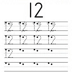 Peut inclure: Une feuille de travail &eacute;ducative blanche pour le tra&ccedil;age des nombres avec le texte Name, Number Tracing et The Number 12. La page pr&eacute;sente un grand nombre 12 en haut, suivi de lignes de nombres 12 en pointill&eacute;s avec des fl&egrave;ches directionnelles.