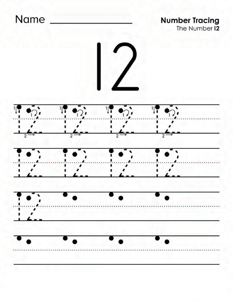 Peut inclure: Une feuille de travail &eacute;ducative blanche pour le tra&ccedil;age des nombres avec le texte Name, Number Tracing et The Number 12. La page pr&eacute;sente un grand nombre 12 en haut, suivi de lignes de nombres 12 en pointill&eacute;s avec des fl&egrave;ches directionnelles.