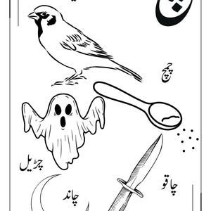 May include: A black and white educational illustration featuring the Urdu letter Che, accompanied by drawings of a sparrow, a spoon, a ghost, a crescent moon, and a knife, each labelled with its corresponding Urdu word in black script.