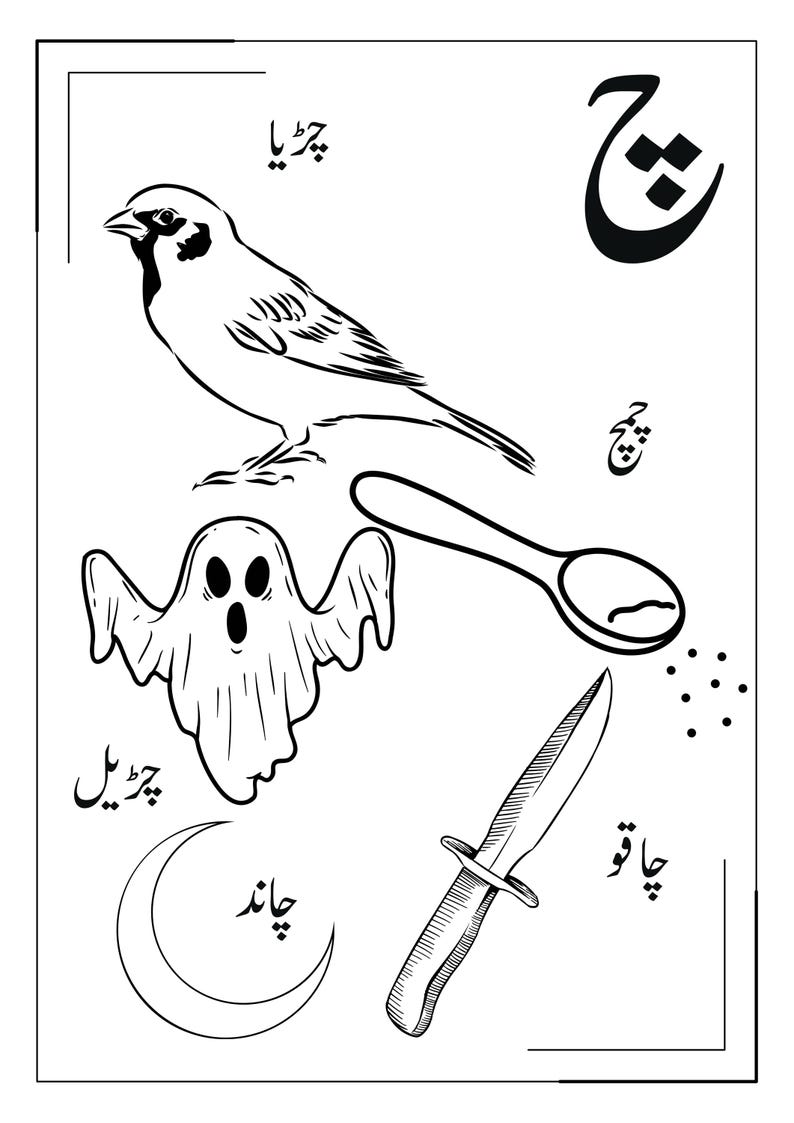 May include: A black and white educational illustration featuring the Urdu letter Che, accompanied by drawings of a sparrow, a spoon, a ghost, a crescent moon, and a knife, each labelled with its corresponding Urdu word in black script.
