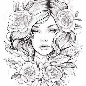 May include: A black and white line art illustration featuring a portrait of a person with wavy hair surrounded by detailed floral elements including large blooming flowers and various leaves, rendered in a clean, high-contrast graphic style.