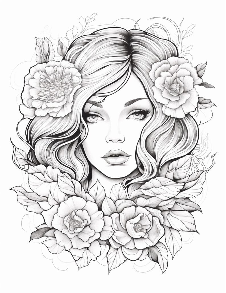 May include: A black and white line art illustration featuring a portrait of a person with wavy hair surrounded by detailed floral elements including large blooming flowers and various leaves, rendered in a clean, high-contrast graphic style.