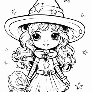 May include: A black and white line art illustration of a character wearing a wide-brimmed witch hat decorated with stars. The character has long wavy hair, a collared dress with a star emblem, a belted waist, and striped sleeves, holding a round object.