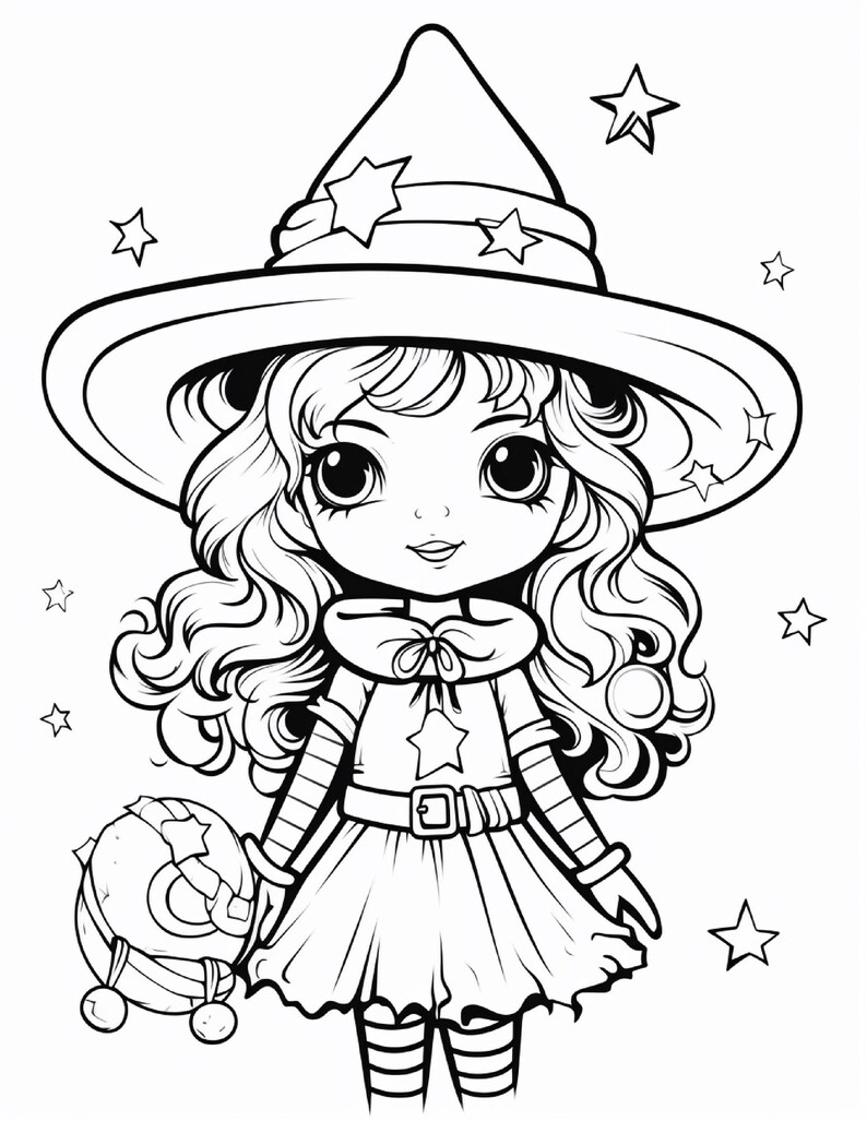 May include: A black and white line art illustration of a character wearing a wide-brimmed witch hat decorated with stars. The character has long wavy hair, a collared dress with a star emblem, a belted waist, and striped sleeves, holding a round object.