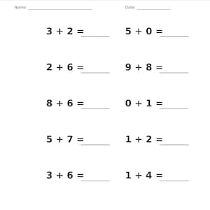 May include: A white worksheet titled Addition &bull; Single Digit with a gray header. It features ten math problems with single-digit numbers and blank lines for answers. The page includes fields for Name and Date, and is labeled Page 8 of 100.