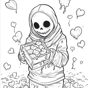 Puede incluir: Una ilustraci&oacute;n de arte lineal en blanco y negro de una figura con sudadera con capucha y m&aacute;scara de calavera. La figura sostiene una caja rectangular llena de corazones que se derriten, mientras otros corazones flotan y cubren el suelo.