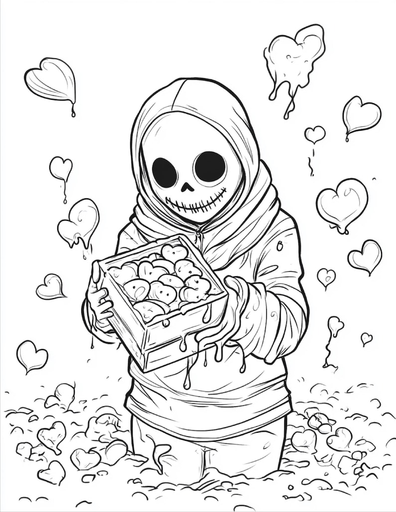 Puede incluir: Una ilustraci&oacute;n de arte lineal en blanco y negro de una figura con sudadera con capucha y m&aacute;scara de calavera. La figura sostiene una caja rectangular llena de corazones que se derriten, mientras otros corazones flotan y cubren el suelo.
