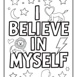 Pu&ograve; includere: Una pagina da colorare in bianco e nero con il testo I BELIEVE IN MYSELF in grassetto maiuscolo. Il disegno include un leone con la criniera, un leone con la testa a forma di cuore, varie stelle, una luna crescente, un fulmine e un cuore.
