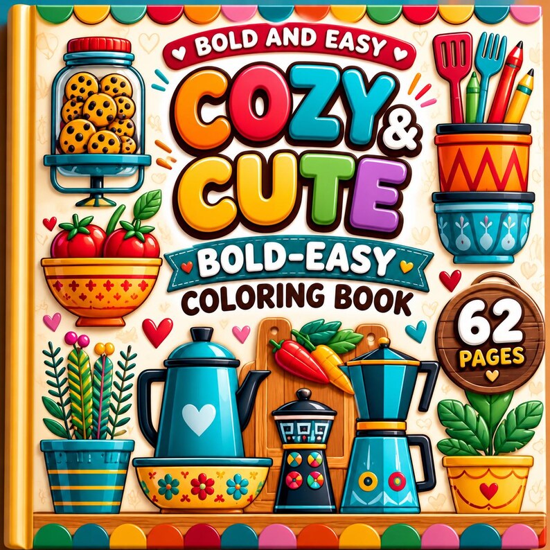 May include: A colouring book titled Bold and Easy Cozy & Cute featuring colourful illustrations of kitchen items including a cookie jar, bowls, a teapot, a coffee maker, and plants. The cover displays the text 62 Pages and has a scalloped border.