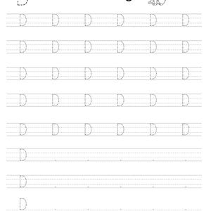 Pode incluir: Uma folha de exerc&iacute;cios educativa em preto e branco para praticar a letra D. A p&aacute;gina apresenta uma letra D grande, a palavra Dog, uma pequena ilustra&ccedil;&atilde;o de um c&atilde;o e v&aacute;rias linhas de letras D pontilhadas sobre pautas para escrever.