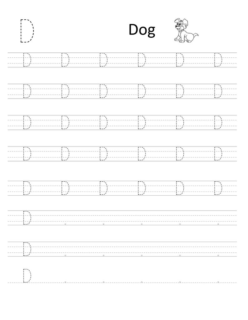 Pode incluir: Uma folha de exerc&iacute;cios educativa em preto e branco para praticar a letra D. A p&aacute;gina apresenta uma letra D grande, a palavra Dog, uma pequena ilustra&ccedil;&atilde;o de um c&atilde;o e v&aacute;rias linhas de letras D pontilhadas sobre pautas para escrever.