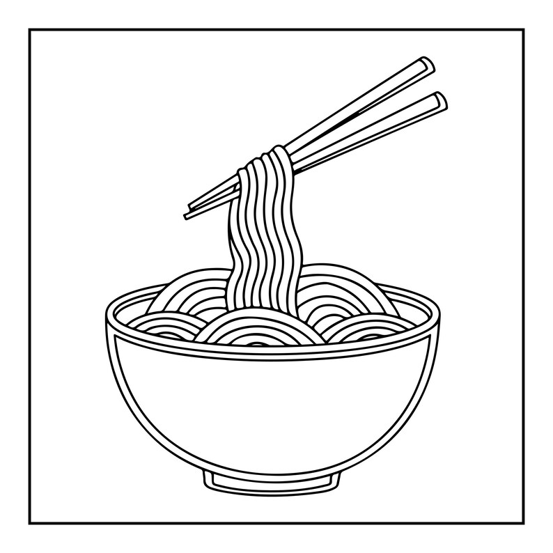 Pu&ograve; includere: Un'illustrazione in bianco e nero a tratto di una ciotola riempita di noodles ondulati. Un paio di bacchette &egrave; posizionato sopra la ciotola, sollevando una porzione di noodles verso l'alto. Il design presenta contorni netti su sfondo bianco.
