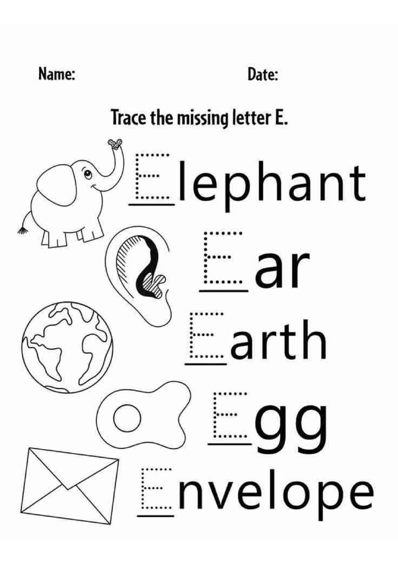 Op de afbeelding: Een zwart-wit educatief werkblad getiteld Trace the missing letter E. Het bevat lijntekeningen van een olifant, oor, aarde, ei en envelop, elk gekoppeld aan het bijbehorende woord waarbij de letter E ontbreekt om te oefenen.