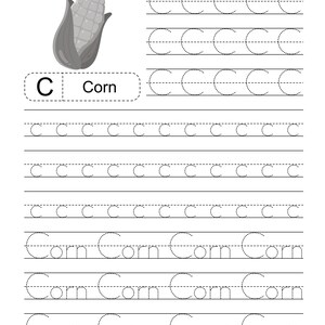 Pode incluir: Uma folha de exerc&iacute;cios educativa em preto e branco para praticar a caligrafia. Apresenta uma ilustra&ccedil;&atilde;o de uma espiga de milho, a letra C, a palavra Corn e v&aacute;rias linhas pontilhadas para tra&ccedil;ar a letra C e a palavra Corn repetidamente.