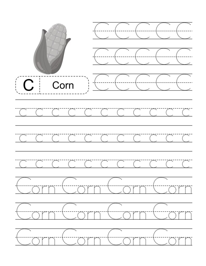 Pode incluir: Uma folha de exerc&iacute;cios educativa em preto e branco para praticar a caligrafia. Apresenta uma ilustra&ccedil;&atilde;o de uma espiga de milho, a letra C, a palavra Corn e v&aacute;rias linhas pontilhadas para tra&ccedil;ar a letra C e a palavra Corn repetidamente.