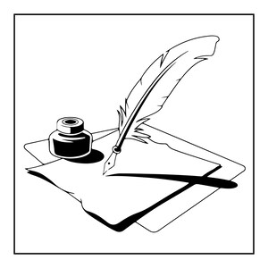 Peut inclure: Une illustration en noir et blanc au trait repr&eacute;sentant une plume d'oie pos&eacute;e sur une feuille de papier &agrave; c&ocirc;t&eacute; d'un petit encrier. La plume est inclin&eacute;e avec sa pointe touchant le papier, tandis que l'encrier est situ&eacute; sur le c&ocirc;t&eacute; gauche.