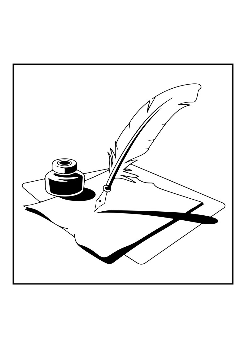 Peut inclure: Une illustration en noir et blanc au trait repr&eacute;sentant une plume d'oie pos&eacute;e sur une feuille de papier &agrave; c&ocirc;t&eacute; d'un petit encrier. La plume est inclin&eacute;e avec sa pointe touchant le papier, tandis que l'encrier est situ&eacute; sur le c&ocirc;t&eacute; gauche.