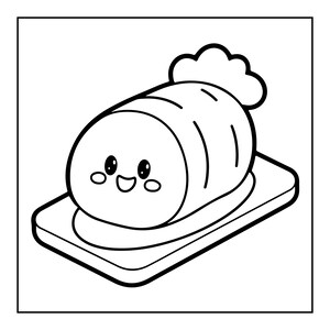 May include: A black and white line art drawing of a cartoon carrot character with a smiling face, large eyes, and rosy cheeks. The carrot is positioned horizontally on a rectangular tray, featuring a leafy green top and simple line details.
