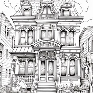 May include: A black and white line art illustration of a multi-story Victorian house with a central staircase, arched windows, and a decorative roofline. The building features detailed architectural molding, a front porch, and potted plants.