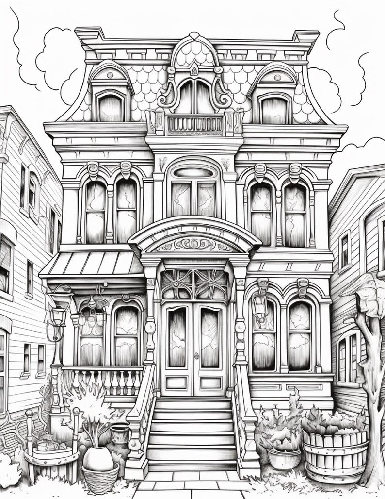 May include: A black and white line art illustration of a multi-story Victorian house with a central staircase, arched windows, and a decorative roofline. The building features detailed architectural molding, a front porch, and potted plants.