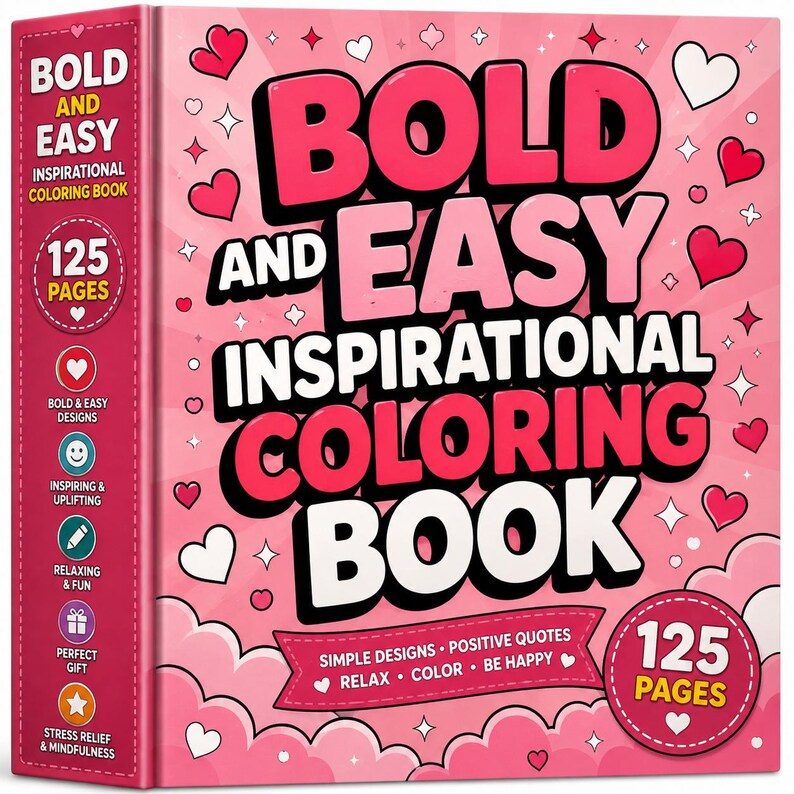 Może przedstawiać: Kwadratowa kolorowanka z r&oacute;żową okładką z napisem BOLD AND EASY INSPIRATIONAL COLORING BOOK. Okładka ozdobiona jest białymi i czerwonymi sercami, gwiazdkami oraz chmurami. Okrągła odznaka wskazuje 125 PAGES. Grzbiet książki zawiera listę cech produktu.