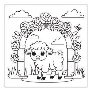 May include: A black and white coloring page illustration featuring a small, fluffy lamb standing in front of an arched trellis covered in roses. The scene includes a small butterfly flying to the right and several clouds in the background sky.
