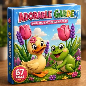May include: A square coloring book titled ADORABLE GARDEN BOLD AND EASY COLORING BOOK. The cover features a yellow duck and a green frog in a garden with pink tulips and purple flowers. The spine and front cover indicate 67 PAGES.