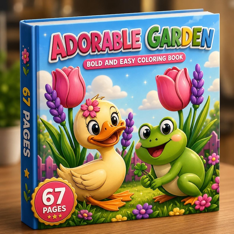 May include: A square coloring book titled ADORABLE GARDEN BOLD AND EASY COLORING BOOK. The cover features a yellow duck and a green frog in a garden with pink tulips and purple flowers. The spine and front cover indicate 67 PAGES.