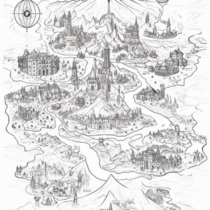 Pode incluir: Uma ilustra&ccedil;&atilde;o a tinta preta e branca de um mapa de fantasia com v&aacute;rios castelos, cadeias de montanhas e rios sinuosos. Dois instrumentos de navega&ccedil;&atilde;o circulares est&atilde;o posicionados nos cantos superior esquerdo e direito do mapa.