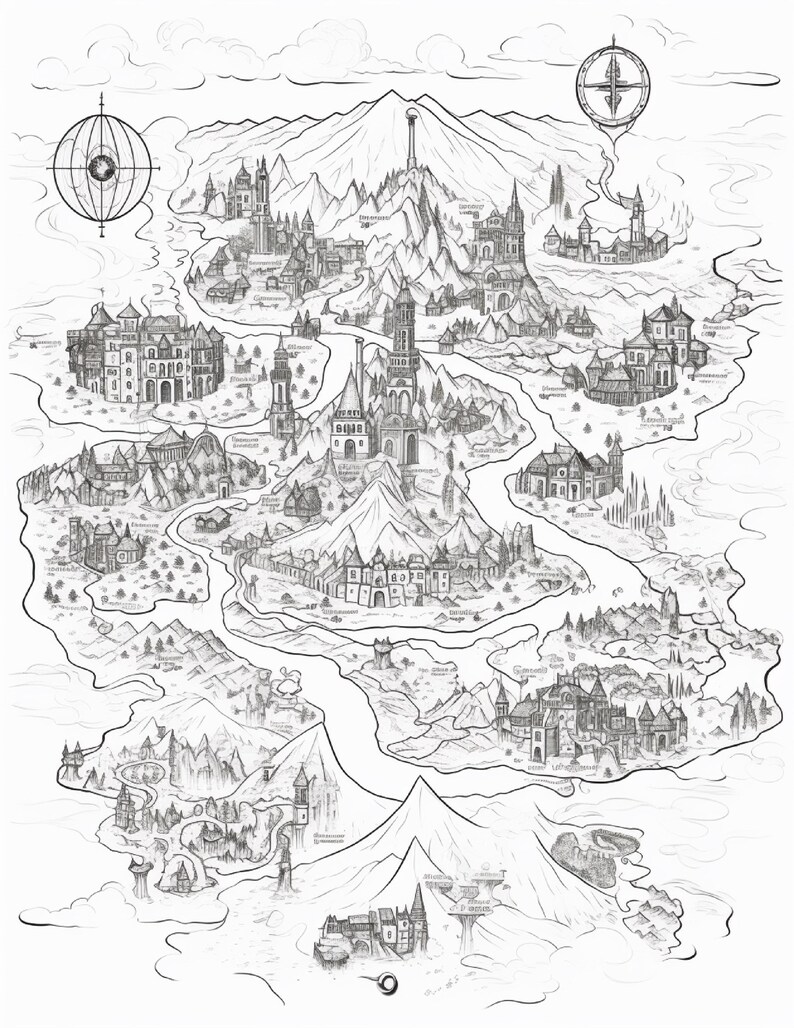 Pode incluir: Uma ilustra&ccedil;&atilde;o a tinta preta e branca de um mapa de fantasia com v&aacute;rios castelos, cadeias de montanhas e rios sinuosos. Dois instrumentos de navega&ccedil;&atilde;o circulares est&atilde;o posicionados nos cantos superior esquerdo e direito do mapa.