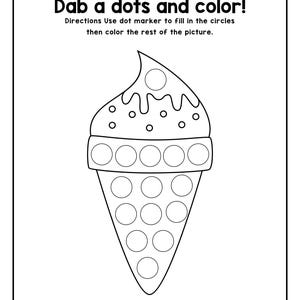 A black and white printable coloring worksheet featuring an outline of an ice cream cone filled with dot marker circles.