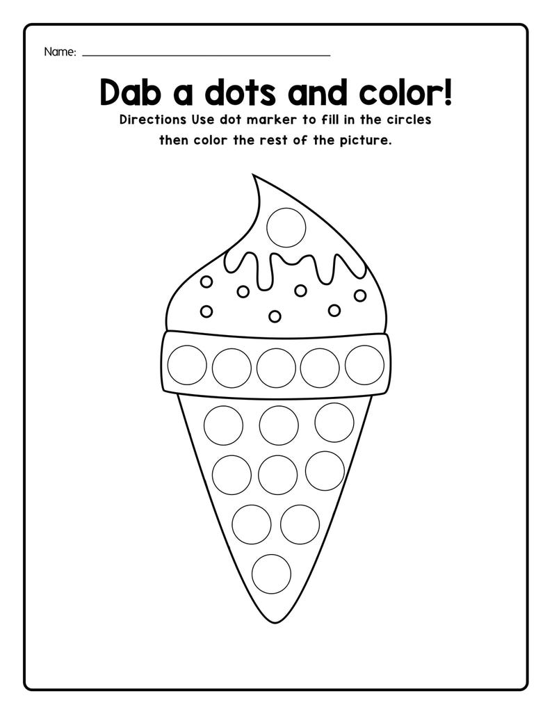 A black and white printable coloring worksheet featuring an outline of an ice cream cone filled with dot marker circles.
