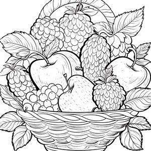 A coloring page of a woven basket overflowing with various fruits including apples, grapes, and berries.