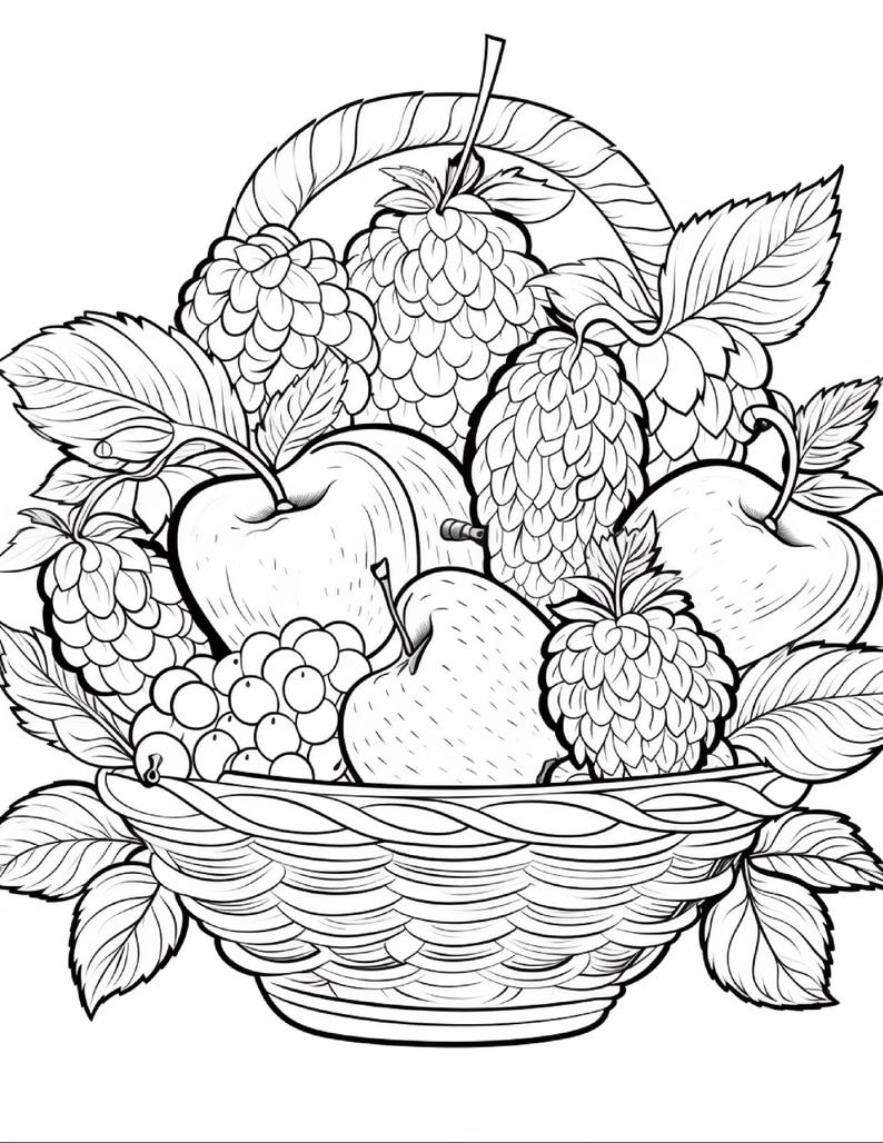 A coloring page of a woven basket overflowing with various fruits including apples, grapes, and berries.