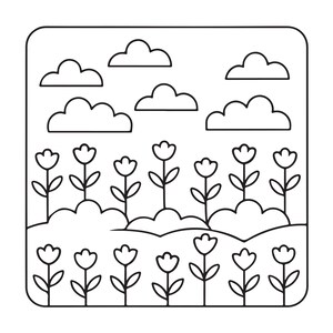 May include: A black and white line art illustration featuring a field of simple flowers with rounded petals and leaves. The scene includes rolling hills in the foreground and five fluffy, rounded clouds floating in the sky above the flowers.